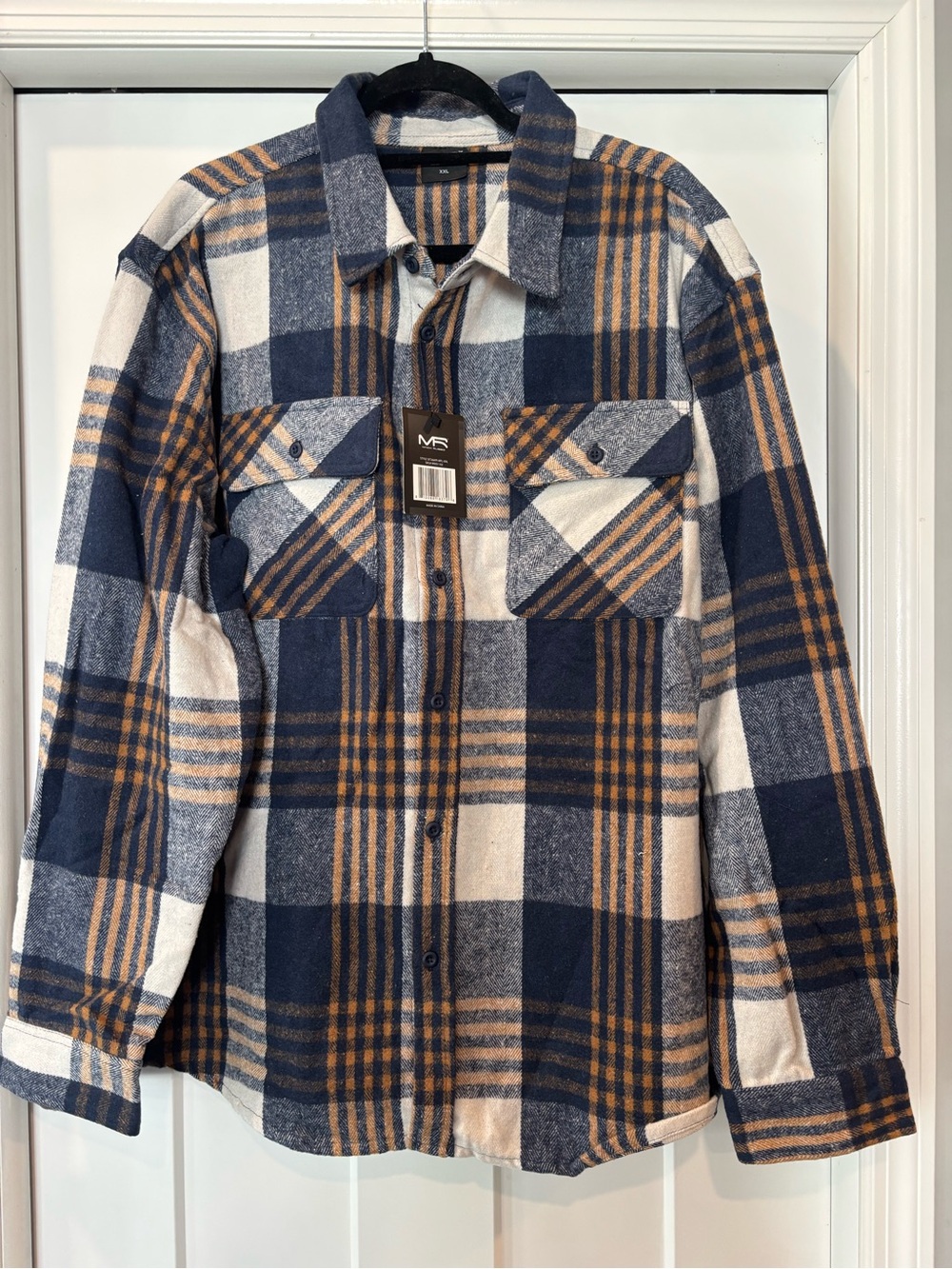 New Men's Plaid Shirt Jacket in Navy, Cream & Brown